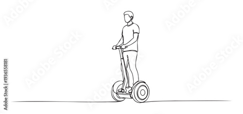 A modern male commuter effortlessly gliding on a two wheeled personal transporter, representing efficient urban transportation and individual mobility solutions.