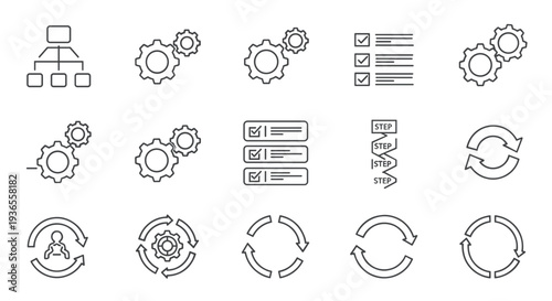 Collection of simple line icons representing workflow and process management.