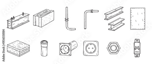 A comprehensive collection of handdrawn construction materials and electrical equipment symbols suitable for engineering diagrams, architectural plans, and home improvement project