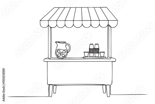Black and white continuous line drawing of a beverage stand with an awning, featuring a pitcher of fresh drink and stacked cups, suitable for food service graphics and summer event
