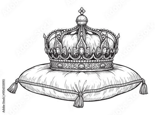Engraving style drawing of an opulent royal crown adorned with jewels and intricate designs resting gracefully on a decorative cushion, ideal for historical, luxury, or regal themed