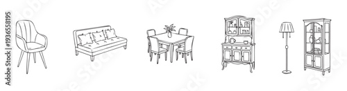 Versatile collection of classic furniture line drawings showcasing an armchair, sofa, dining table, hutch, floor lamp, and display cabinet for diverse home furnishing projects.