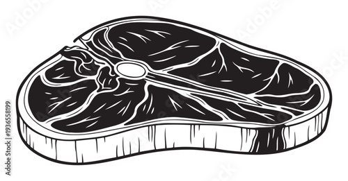 Bold black and white graphic depicting a savory steak cut with bone and marbling, ideal for restaurant menus, butcher shop branding, food blogs, or culinary event promotions.