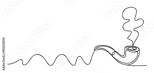 A simple continuous line drawing depicting a smoking pipe with wavy smoke rising, perfect for minimalist branding, marketing materials, or decorative graphic communication.