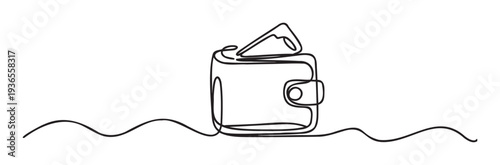 Single continuous line drawing of a wallet with money inside, representing financial concepts, economy, savings, and payment methods for various business and personal finance applications.