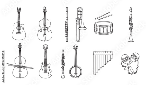 A comprehensive collection of diverse musical instruments including strings, woodwinds, brass, and percussion, ideal for educational materials, music school promotions, or event decorations