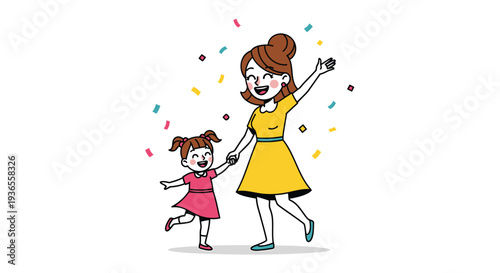 Vector illustration of happy mother and daughter dancing