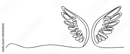 Elegant continuous line drawing of angel wings symbolizing freedom and spirituality for inspirational merchandise or personal branding materials.