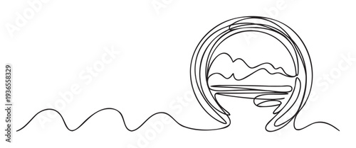 Continuous line drawing illustrating an abstract wavy landscape within a circular frame perfect for minimalist graphic assets and contemporary brand identity designs