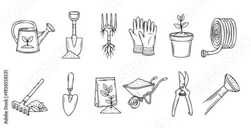 A comprehensive set of essential gardening tools and supplies including a watering can, shovel, rake, gloves, potted plant, and seed packet, perfect for horticultural content, garden center