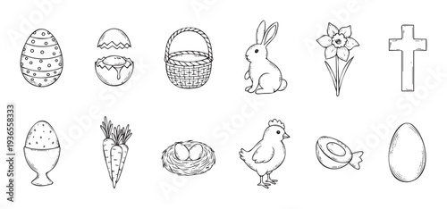 A collection of handdrawn Easter holiday symbols featuring eggs, a bunny, a chick, and a basket, ideal for festive seasonal projects and religious celebrations.