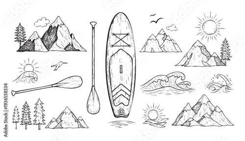 Hand drawn natural landscape elements for paddleboarding and outdoor adventures featuring mountains sun waves trees and sports gear ideal for travel blogs or activity promotions
