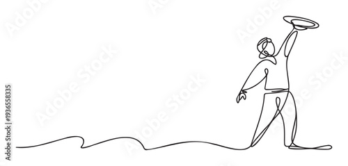 Continuous line drawing of a joyful individual holding a hat high in the air, symbolizing success and excitement for various motivational graphics.