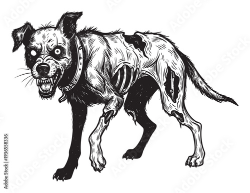 Creepy undead dog with bared teeth and glowing eyes makes a terrifying visual for horror themed designs Halloween events or spooky game graphics