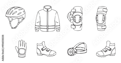 This collection of outline drawings features essential protective gear and equipment for various outdoor and action sports, ideal for instructional materials, safety guides, and sports