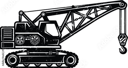Vintage crawler crane vector illustration, tracked construction lifting crane in black and white