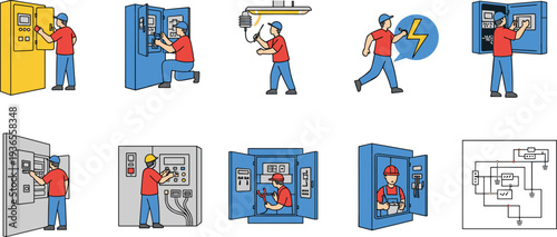 Electrician Working with Electrical Panels and Control Cabinets Icon Set Vector Illustration