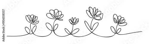Continuous one line drawing of abstract blooming flowers on stems and leaves creating a simple minimalist botanical motif ideal for spring decor and natural garden themes