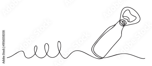 Simple continuous line drawing depicting a functional metal bottle opener emerging from an abstract flowing black line, ideal for beverage packaging, kitchen appliance themes, or modern