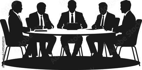 Business team meeting silhouettes around conference table, corporate discussion collaboration onal office teamwork communication leadership concept illustration