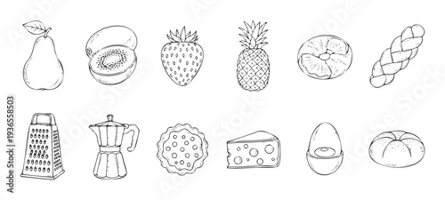 Delicious breakfast and kitchen essentials depicted in a line drawing style featuring various fruits, baked goods, dairy, and cooking tools, suitable for culinary publications
