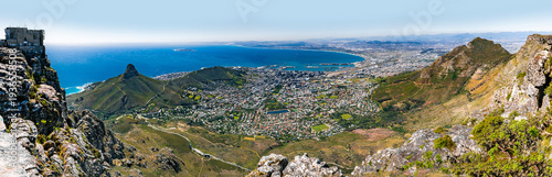 Scenic aerial panorama of Cape Town city bowl, harbor,  Lion's Head and Table Bay viewed from Table Mountain, South Africa.
