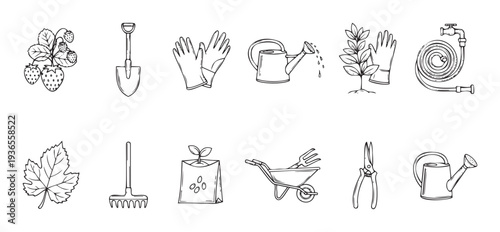 A comprehensive collection of handdrawn outline gardening tools and plant elements suitable for educational resources, summer season horticultural projects, and farming guides