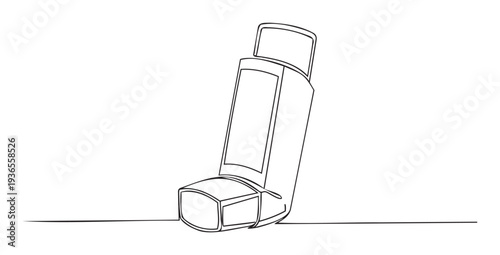 Continuous line drawing of a portable asthma inhaler, symbolizing respiratory health and medication, perfect for medical websites, educational materials, and pharmaceutical marketing