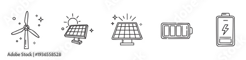 A collection of simple hand drawn green energy icons featuring a wind turbine, solar panels, and batteries representing renewable power generation and storage