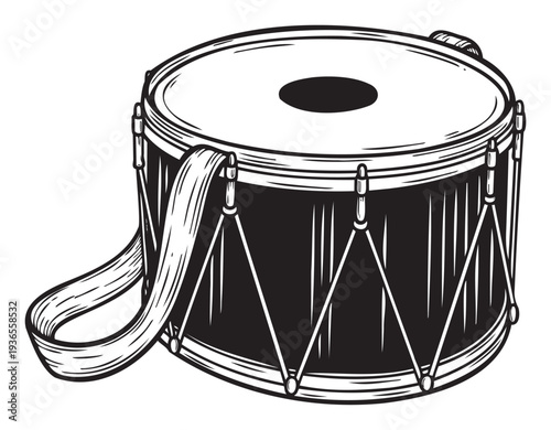 A classic march drum featuring a bold graphic print style is ideal for musical instrument themed promotions, band performance announcements, or vintage music event posters.