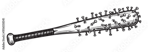 Gritty baseball bat weapon covered with sharp nails in a distressed hand drawn style perfect for conveying danger and rebellious counterculture themes.