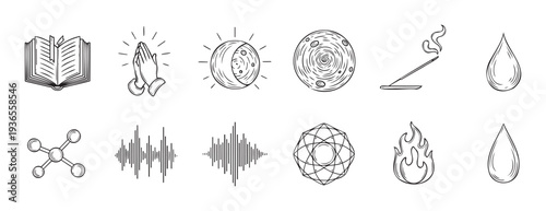 Diverse set of black and white hand drawn line icons illustrating various themes including spirituality, science, and natural elements for modern graphic use.
