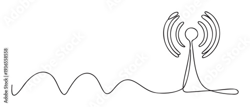 Continuous line drawing depicting a radio tower broadcasting wireless signals, excellent for technology presentations, network infrastructure, and digital communication solutions.