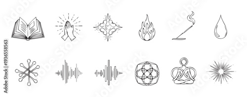 Spiritual symbols and meditative icons representing elements of nature, sound, wisdom, and inner peace for wellness applications, educational content, and mindfulness projects.