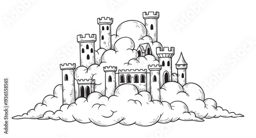 Hand drawn magical fortress with multiple towers nestled on soft fluffy clouds, perfect for storybook covers, childrens book illustrations, or enchanted game graphics.