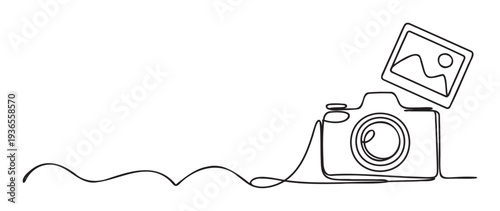 Minimalist continuous line drawing of a photographic camera and a picture frame for creative media projects and modern graphic design resources