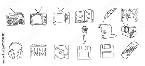 A collection of handdrawn vintage media, communication, and entertainment equipment including televisions, a boombox, and writing tools perfect for educational graphics or nostalgic visual