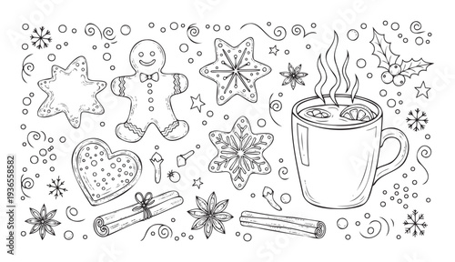 Winter holiday food and drink collection featuring gingerbread cookies, warm spiced beverage, holly, and snowflakes for festive seasonal projects or cozy recipe visuals.
