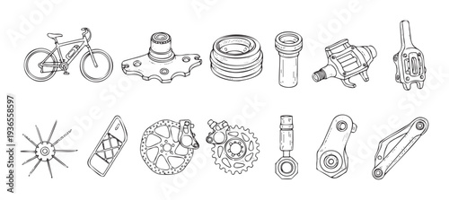 Comprehensive collection of handdrawn bicycle components and cycle parts illustrating engineering mechanics perfect for repair shop manuals, biking enthusiast guides, or technical