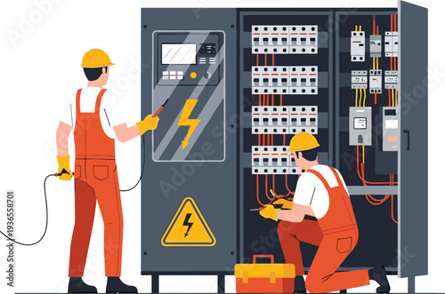 Electricians Repairing Electrical Control Panel Power Distribution Cabinet Vector Illustration