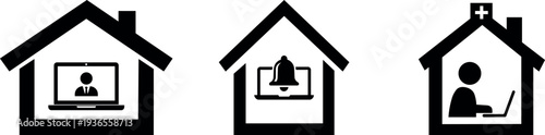 Remote work vector icon set for home office and online meeting concept solid black isolated on transparent background