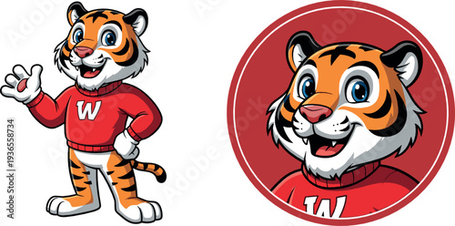 Cute Tiger Mascot Character with Red Shirt Waving Hand Cartoon Animal Logo Vector Illustration