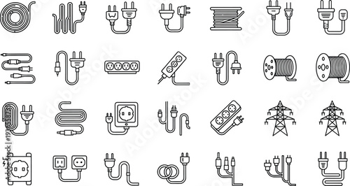 Electrical Plugs and Power Cables Icon Set Outline Vector Collection