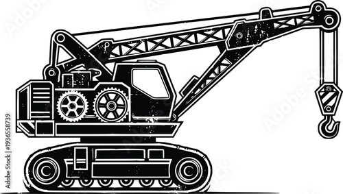Vintage crawler crane vector illustration, tracked construction lifting crane black and white industrial machinery