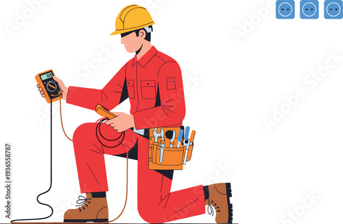 Electrician Measuring Voltage with Multimeter Installing Power Socket Professional Technician Vector Illustration