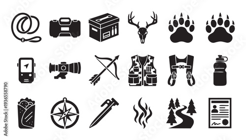Comprehensive collection of hunting and outdoor adventure icons including gear, tools, and essentials perfect for wilderness survival and sporting goods websites