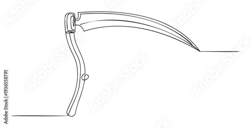 Continuous line drawing of a traditional scythe perfect for agricultural themes, death symbolism, or minimalist design projects and conceptual marketing visuals.
