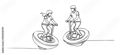A continuous line drawing depicting two individuals wearing helmets while riding modern electric self balancing monowheels, ideal for promoting urban mobility and active lifestyle concepts.