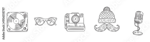 Collection of hand drawn popular music and style items including record player, sunglasses, instant camera, hipster hat with mustache, and vintage microphone perfect for youth culture