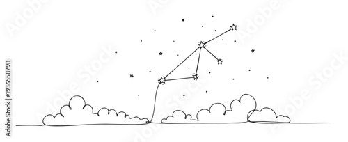 Minimalist single line drawing depicting clouds transitioning into a starry night constellation, perfect for inspiring presentations, mystical themes, or modern print media.